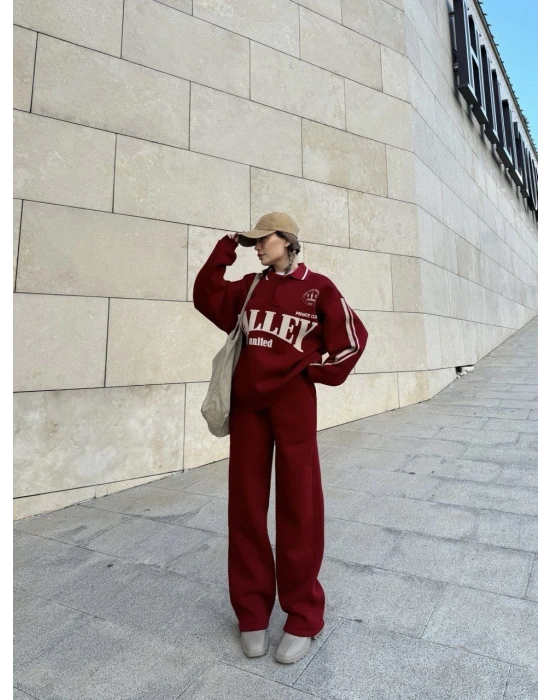 Üç İplik Yakalı Sweat Baggy Pantalonlu Takım - Bordo