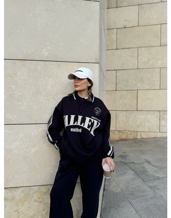 Üç İplik Yakalı Sweat Baggy Pantalonlu Takım - Siyah