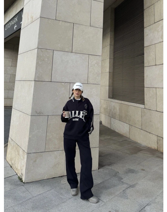 Üç İplik Yakalı Sweat Baggy Pantalonlu Takım - Siyah