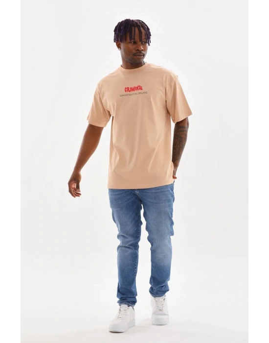 Unisex Baskılı Oversize T-Shirt - Bej