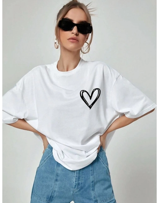 Unisex Baskılı Oversize T-Shirt - Beyaz