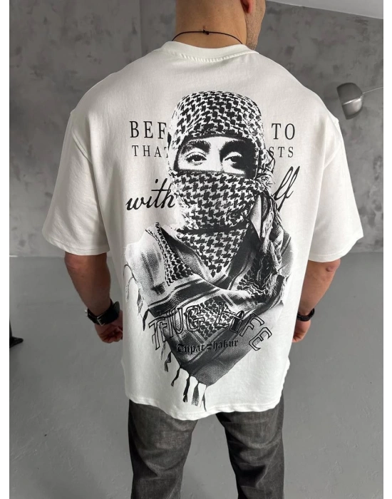 Unisex Baskılı Oversize T-Shirt - Beyaz