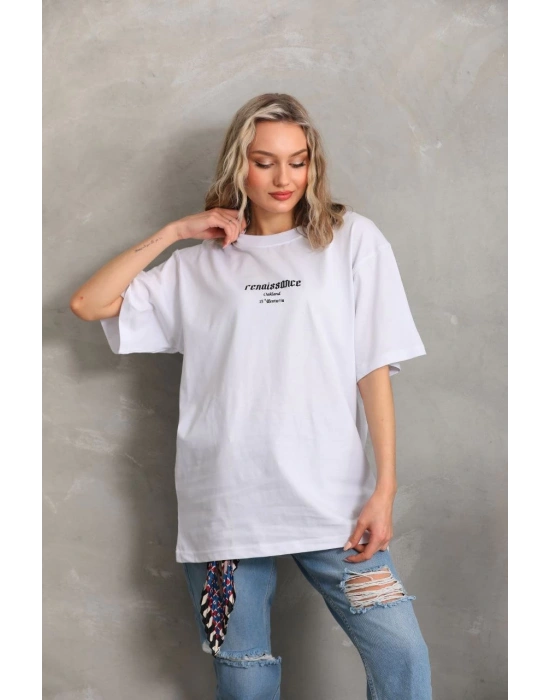 Kadın Baskılı Oversize T-Shirt - Beyaz