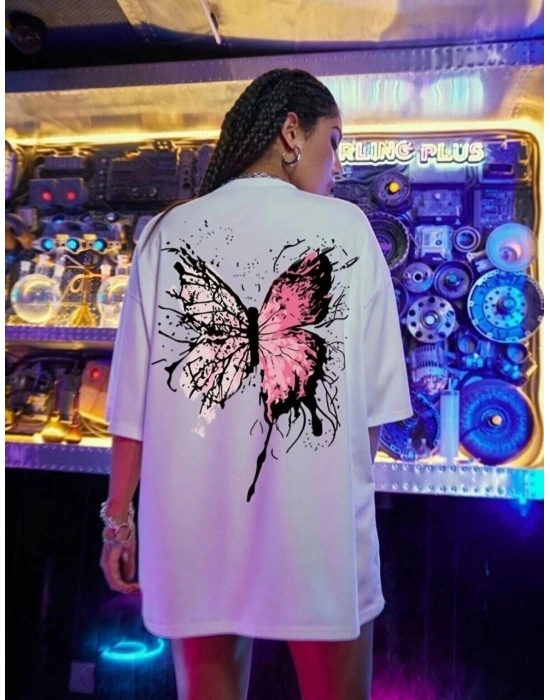 Unisex Baskılı Oversize T-Shirt - Beyaz