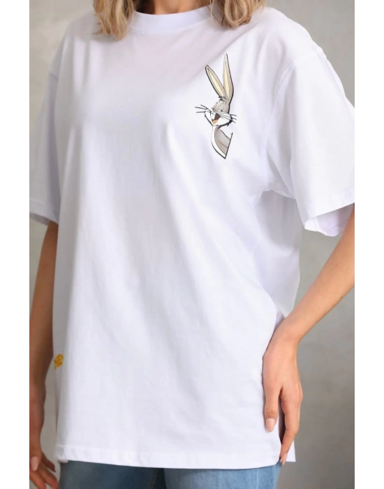 Unisex Baskılı Oversize T-Shirt - Beyaz
