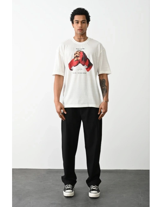 Unisex Baskılı Oversize T-Shirt - Beyaz