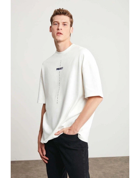 Unisex Baskılı Oversize T-Shirt - Beyaz