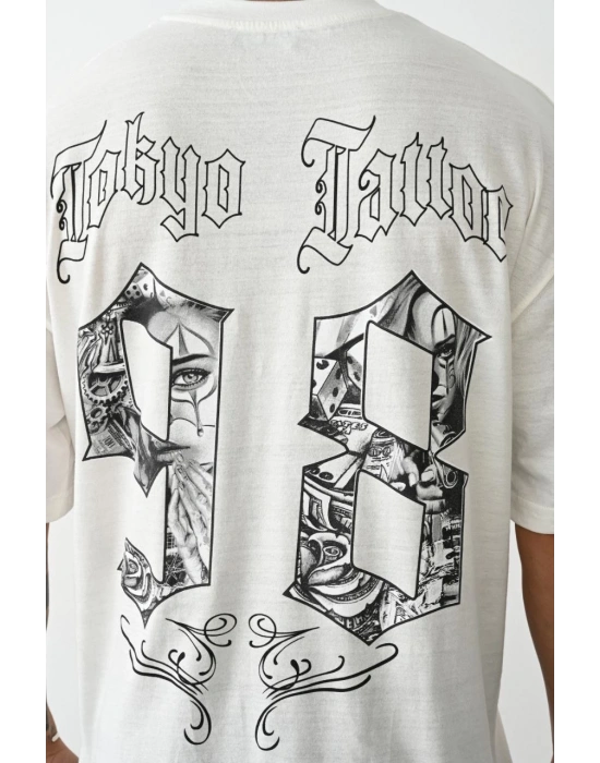 Unisex Baskılı Oversize T-Shirt - Beyaz