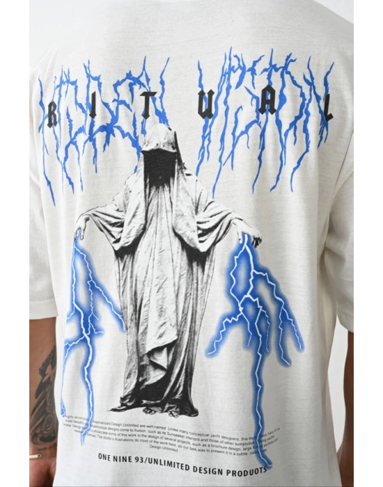 Unisex Baskılı Oversize T-Shirt - Beyaz