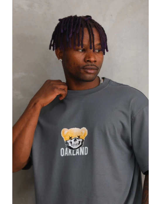 Unisex Baskılı Oversize T-Shirt - Füme