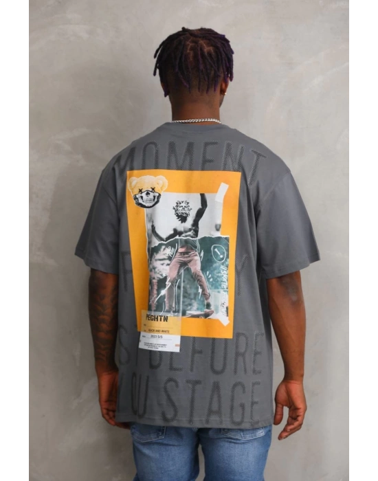 Unisex Baskılı Oversize T-Shirt - Füme