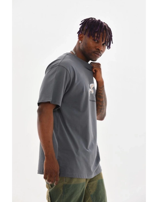 Unisex Baskılı Oversize T-Shirt - Füme