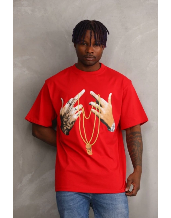 Unisex Baskılı Oversize T-Shirt - Kırmızı