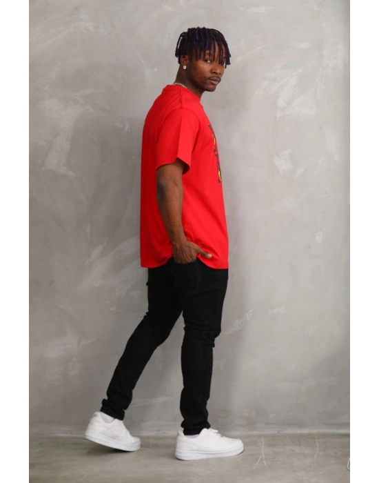Unisex Baskılı Oversize T-Shirt - Kırmızı