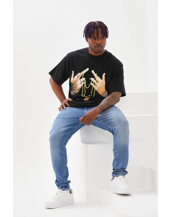 Unisex Baskılı Oversize T-Shirt - Siyah