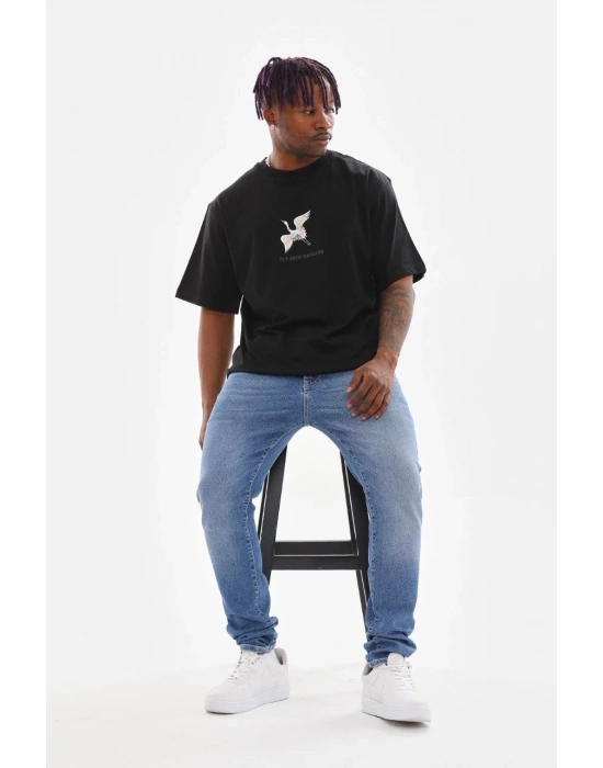 Unisex Baskılı Oversize T-Shirt - Siyah
