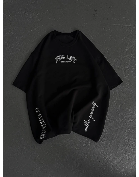 Unisex Baskılı Oversize T-Shirt - Siyah