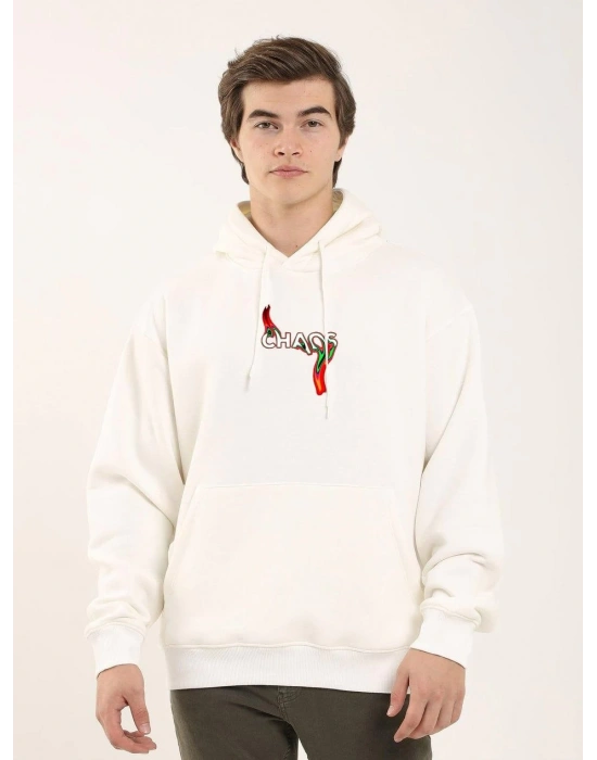 Unisex Baskılı Oversize Üç İplik Kapüşonlu Sweatshirt - Beyaz