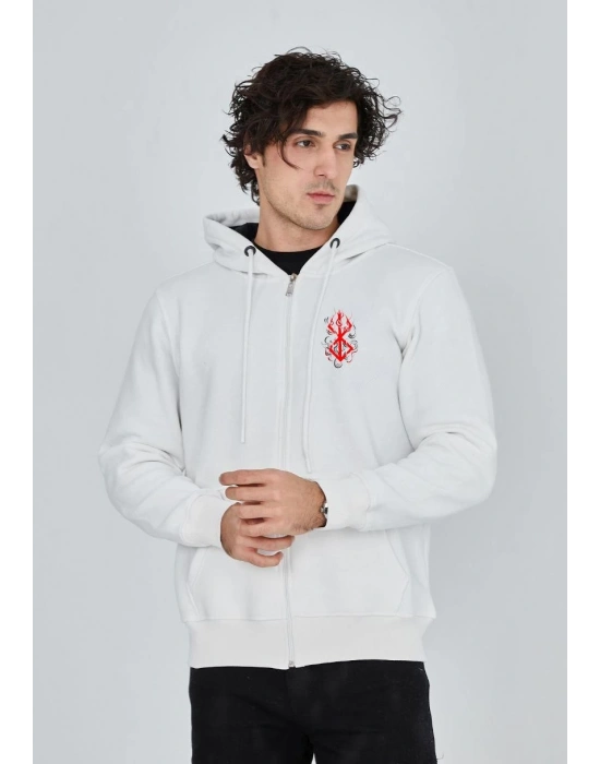 Unisex Baskılı Tam Fermuarlı Kapşonlu SweatShirt - Beyaz