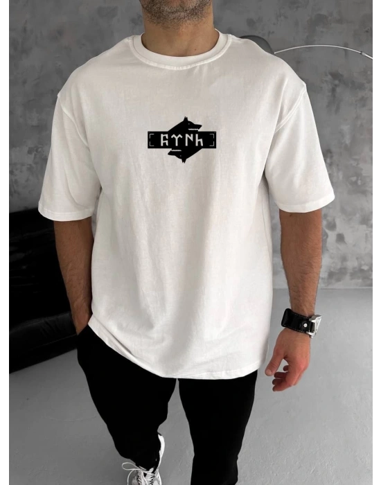 Unisex Bisiklet Yaka Baskılı Double Oversize T-Shirt - Beyaz