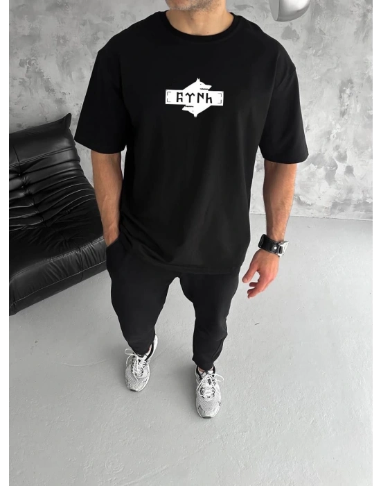 Unisex Bisiklet Yaka Baskılı Double Oversize T-Shirt - Siyah