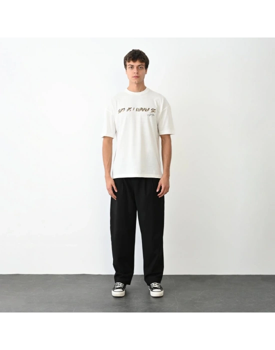 Unisex Bisiklet Yaka Baskılı Oversize T-Shirt - Beyaz