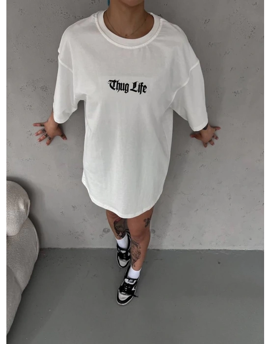 Unisex Bisiklet Yaka Baskılı Oversize T-Shirt - Beyaz