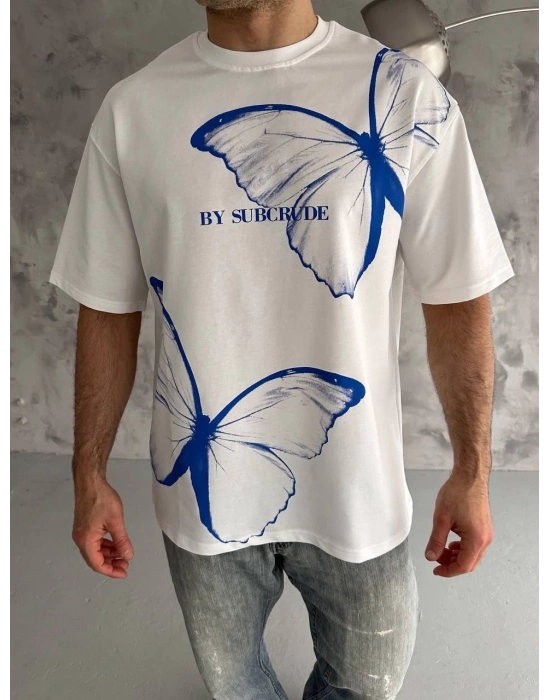 Unisex Bisiklet Yaka Baskılı Oversize T-Shirt - Beyaz