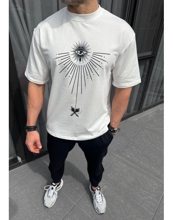 Unisex Bisiklet Yaka Baskılı Oversize T-Shirt - Beyaz