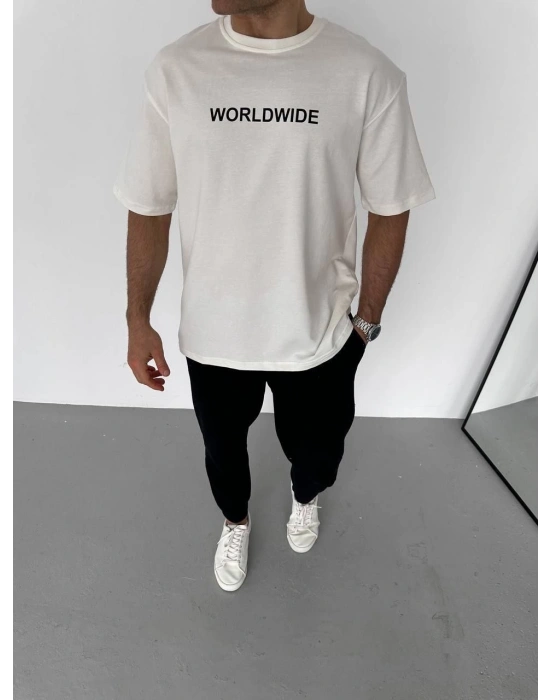 Unisex Bisiklet Yaka Baskılı Oversize T-Shirt - Beyaz