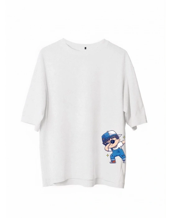 Unisex Bisiklet Yaka Baskılı Oversize T-Shirt - Beyaz