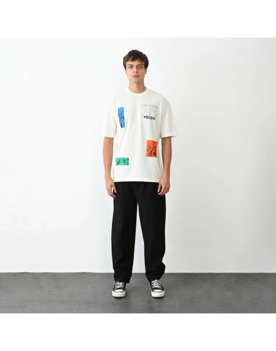 Unisex Bisiklet Yaka Baskılı Oversize T-Shirt - Beyaz