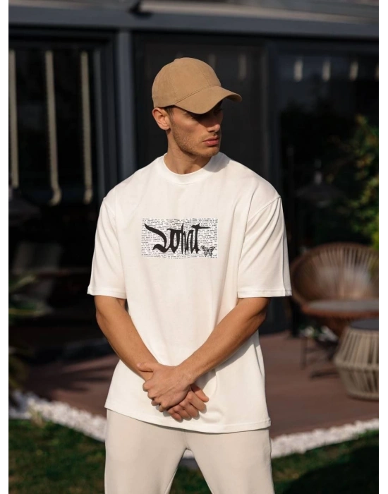 Unisex Bisiklet Yaka Baskılı Oversize T-Shirt - Beyaz