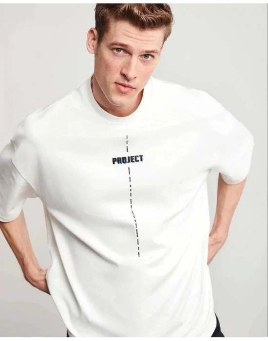 Unisex Bisiklet Yaka Baskılı Oversize T-Shirt - Beyaz