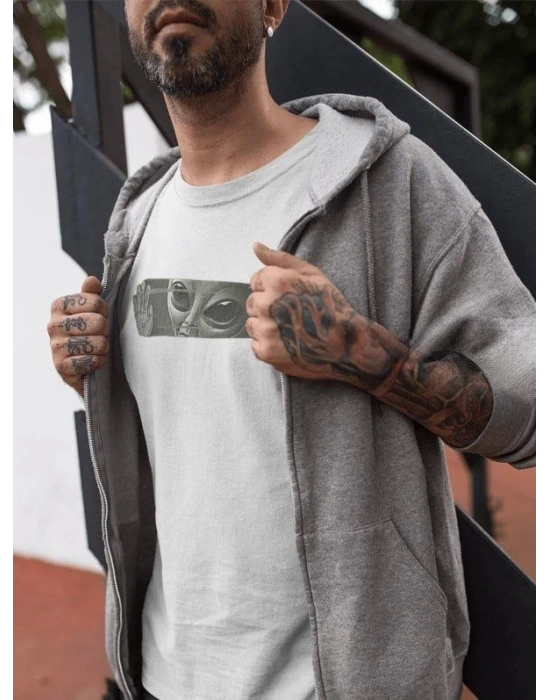 Unisex Bisiklet Yaka Baskılı Oversize T-Shirt - Beyaz