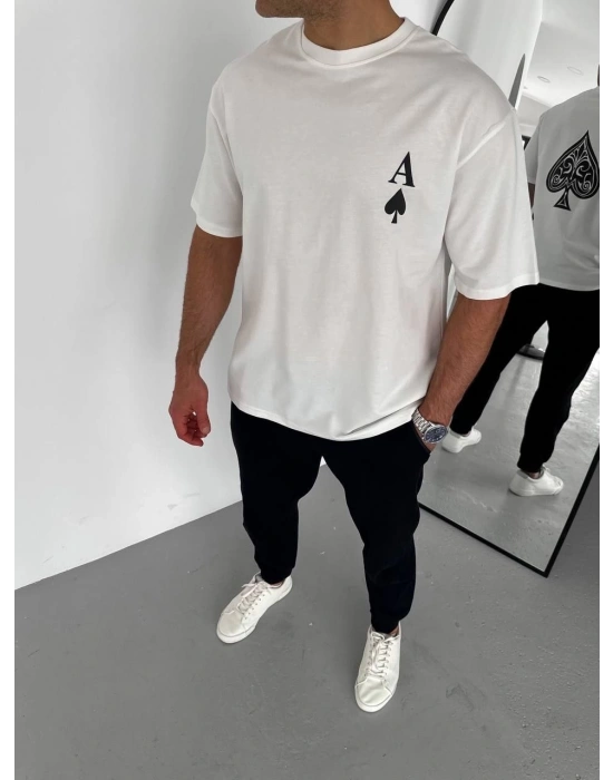 Unisex Bisiklet Yaka Baskılı Oversize T-Shirt - Beyaz