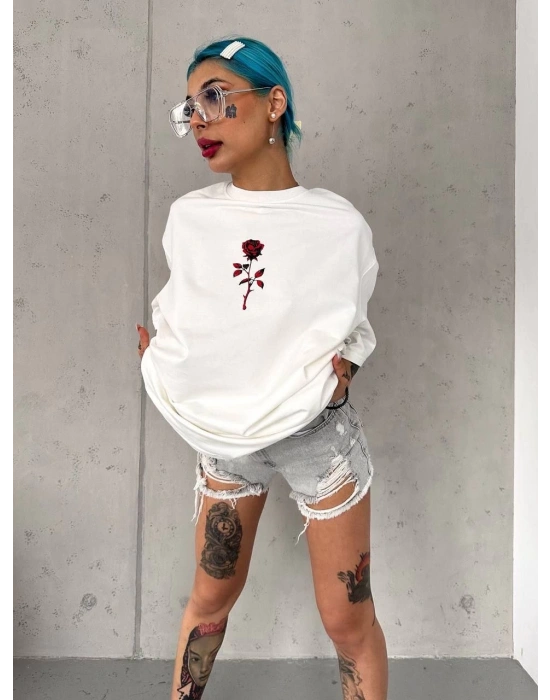 Unisex Bisiklet Yaka Baskılı Oversize T-Shirt - Beyaz