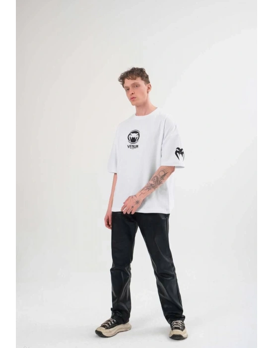 Unisex Bisiklet Yaka Baskılı Oversize T-Shirt - Beyaz