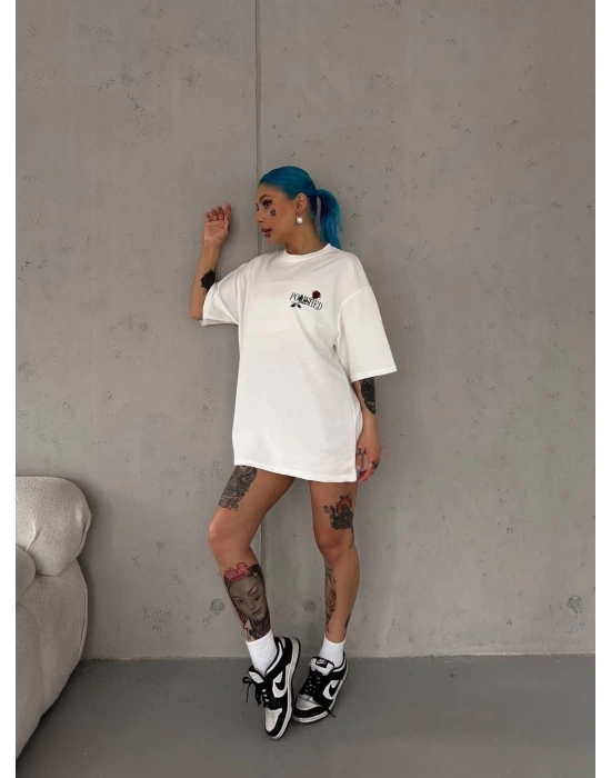 Unisex Bisiklet Yaka Baskılı Oversize T-Shirt - Beyaz