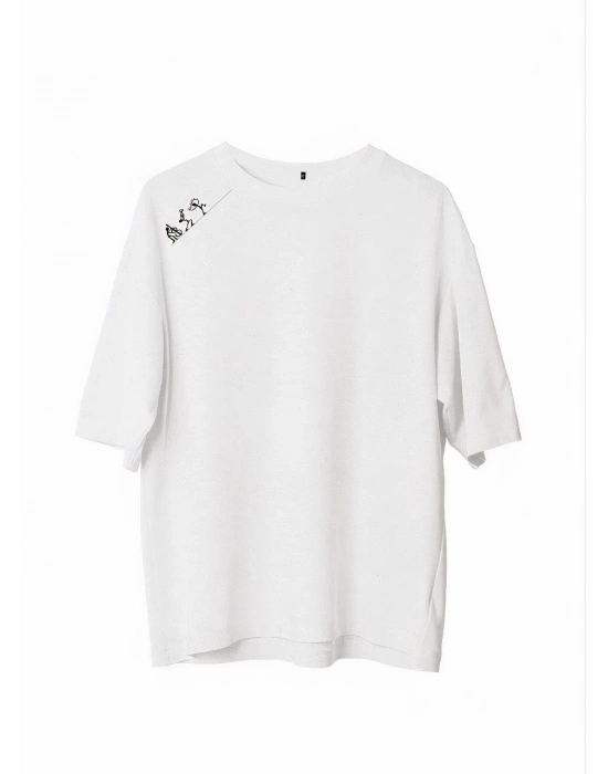 Unisex Bisiklet Yaka Baskılı Oversize T-Shirt - Beyaz