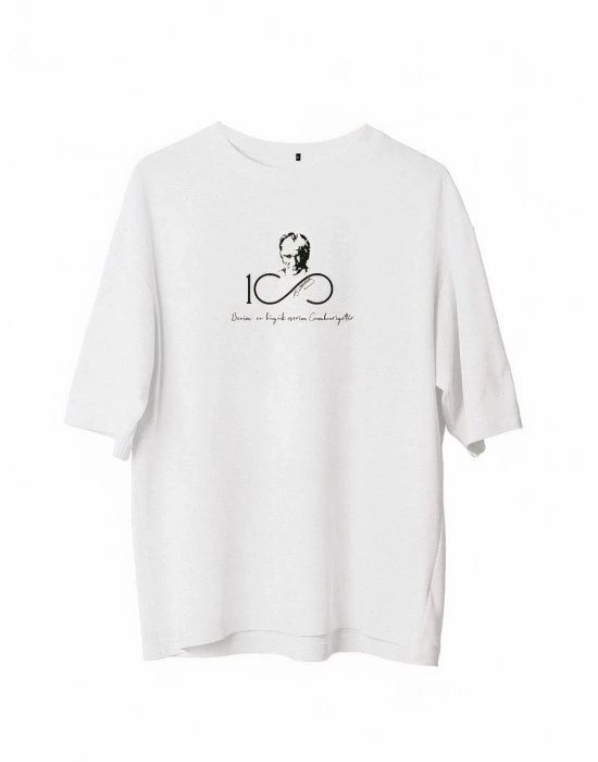 Unisex Bisiklet Yaka Baskılı Oversize T-Shirt - Beyaz