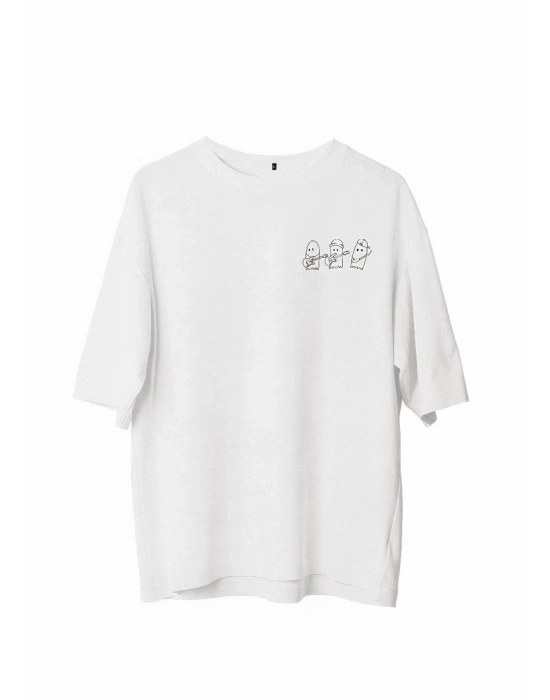 Unisex Bisiklet Yaka Baskılı Oversize T-Shirt - Beyaz