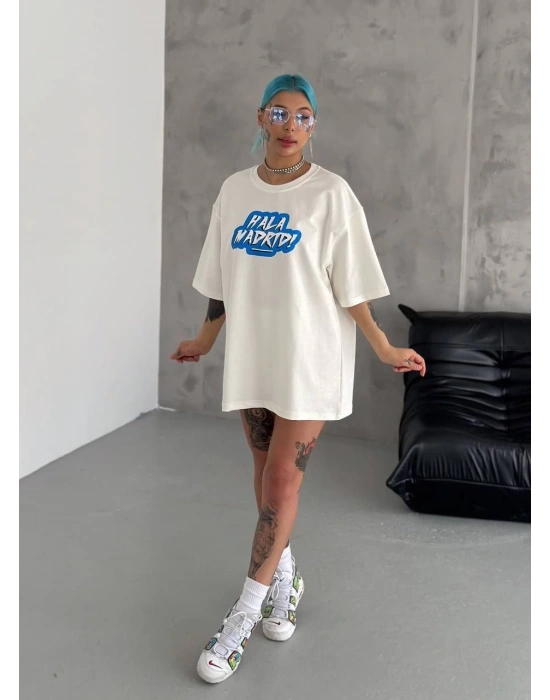 Unisex Bisiklet Yaka Baskılı Oversize T-Shirt - Beyaz