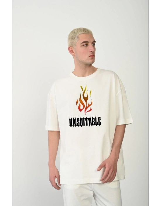 Unisex Bisiklet Yaka Baskılı Oversize T-Shirt - Beyaz