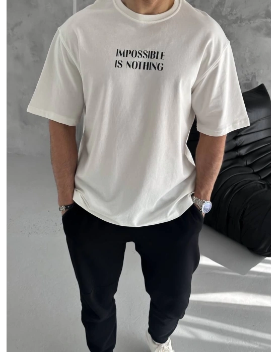 Unisex Bisiklet Yaka Baskılı Oversize T-Shirt - Beyaz