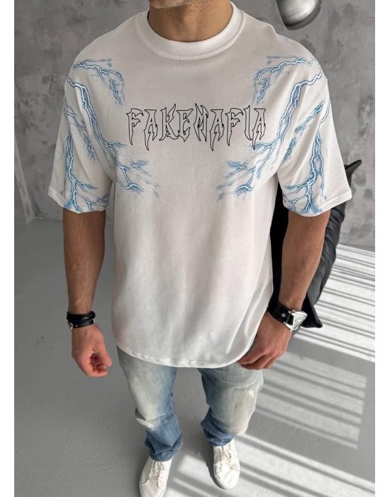 Unisex Bisiklet Yaka Baskılı Oversize T-Shirt - Beyaz