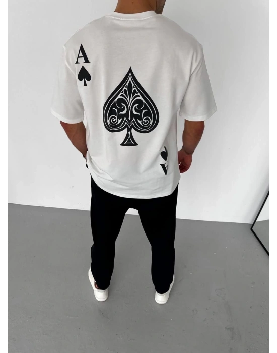 Unisex Bisiklet Yaka Baskılı Oversize T-Shirt - Beyaz