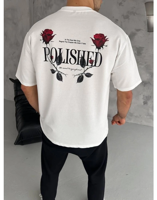 Unisex Bisiklet Yaka Baskılı Oversize T-Shirt - Beyaz