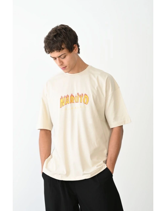 Unisex Bisiklet Yaka Baskılı Oversize T-Shirt - Beyaz