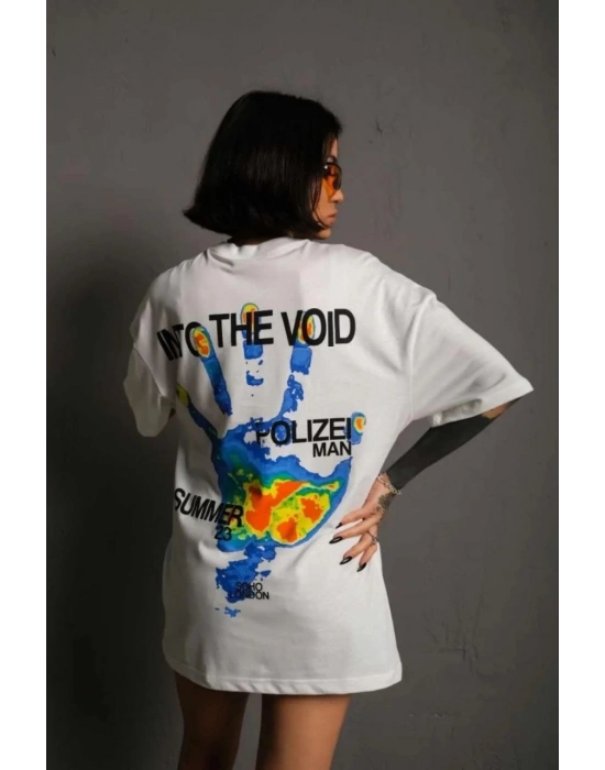 Unisex Bisiklet Yaka Baskılı Oversize T-Shirt - Beyaz